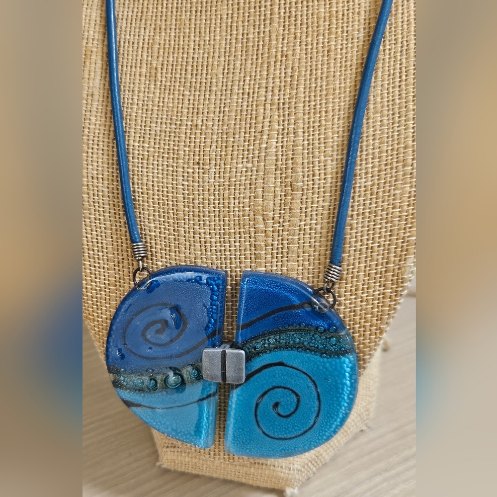 Vintage Murano Glass Lampwork Artsy Waves Fusion Handmade Leather Cord Necklace View 5
